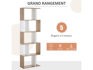 Bibliothèque à 5 niveaux, étagère de rangement blanc, meuble de rangement en forme de s avec étagères