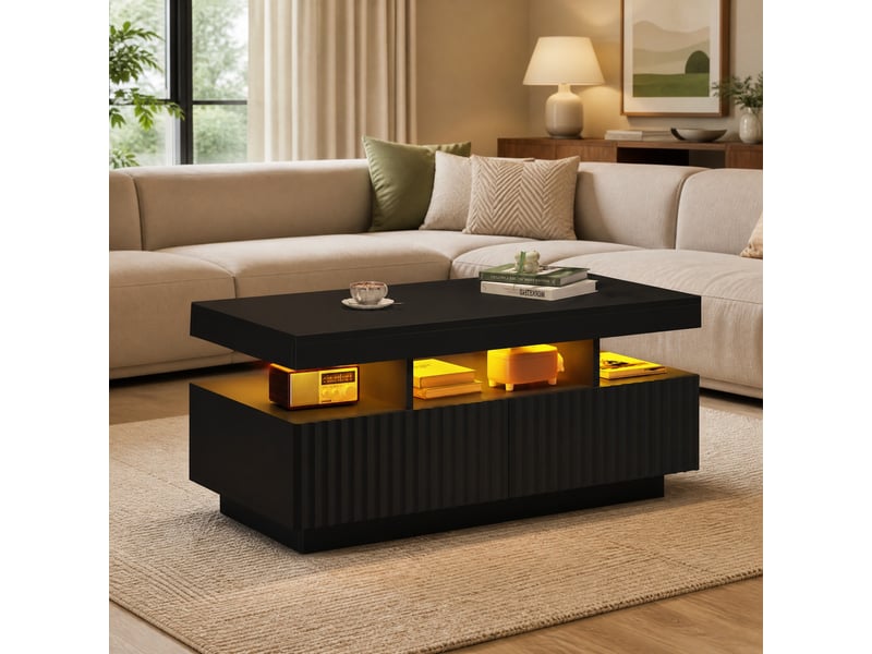  Table basse avec 2 tiroirs, niche ouverte et led pour salon 100×50×45 cm en panneaux de particules noir  - Conforama B