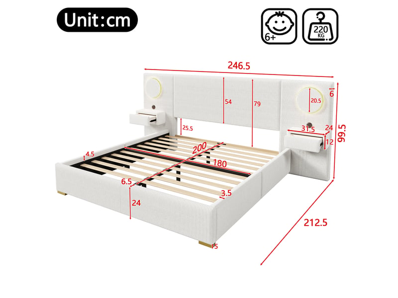  Lit 180 x 200 cm en velours beige avec tête de lit led, ports usb et tiroirs de chevet  - Conforama E