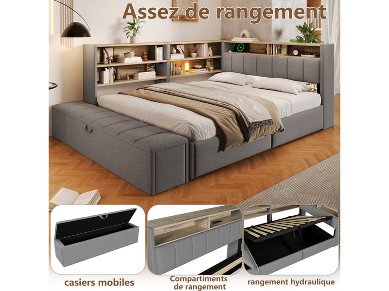 Canapé-lit coffre 140 x 200 cm - avec prise électrique - avec port usb - avec lumière led - tissu velours - gris (matelas non inclus) - Conforama R
