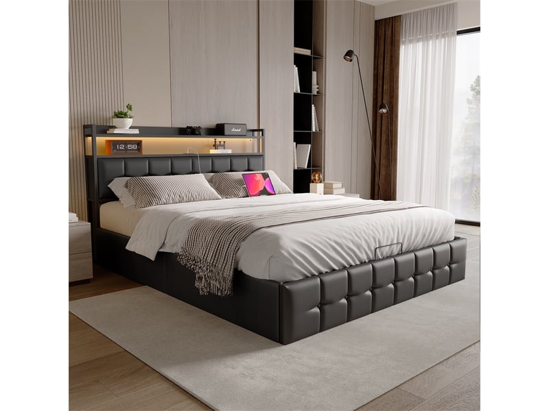 Lit 140x190cm - lit coffre 140x190cm - lit rembourré pu avec sommier hydraulique led prises et étagère - noir  - Conforama C