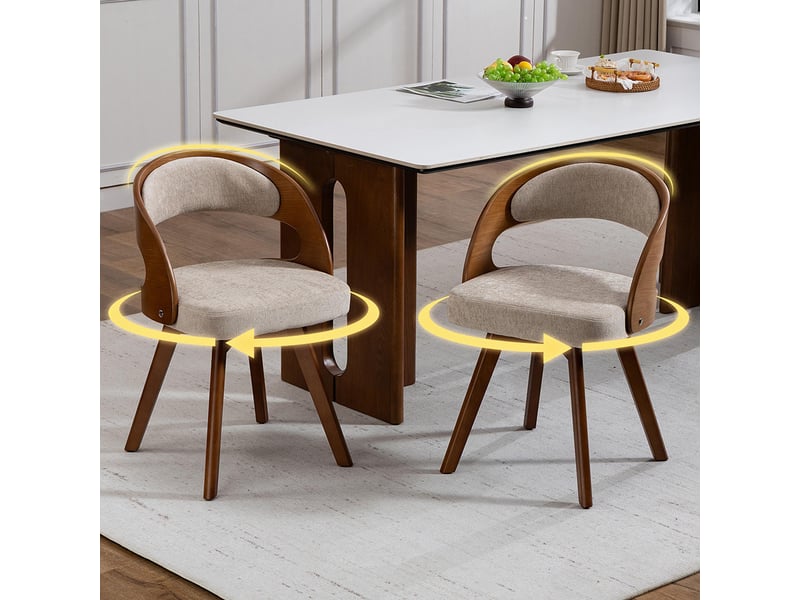Chaise de salle à manger moderne pivotante en bois avec coussin coton lin dossier incurvé kaki  - Conforama D