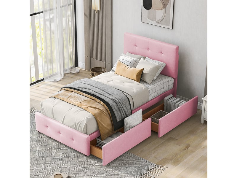  Lit enfant 90x200 cm - lit avec 2 tiroirs et sommier à lattes, confortable avec rangement, moderne en velours rose, sans matelas  - Conforama B