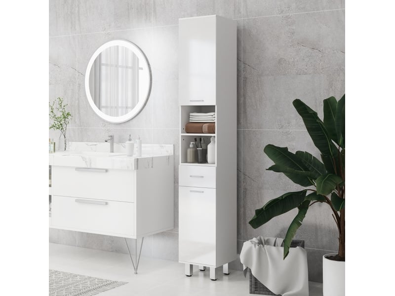  Armoire de salle de bains 30x30x180 cm avec tiroir et rangements réglables panneau de particules blanc  - Conforama B