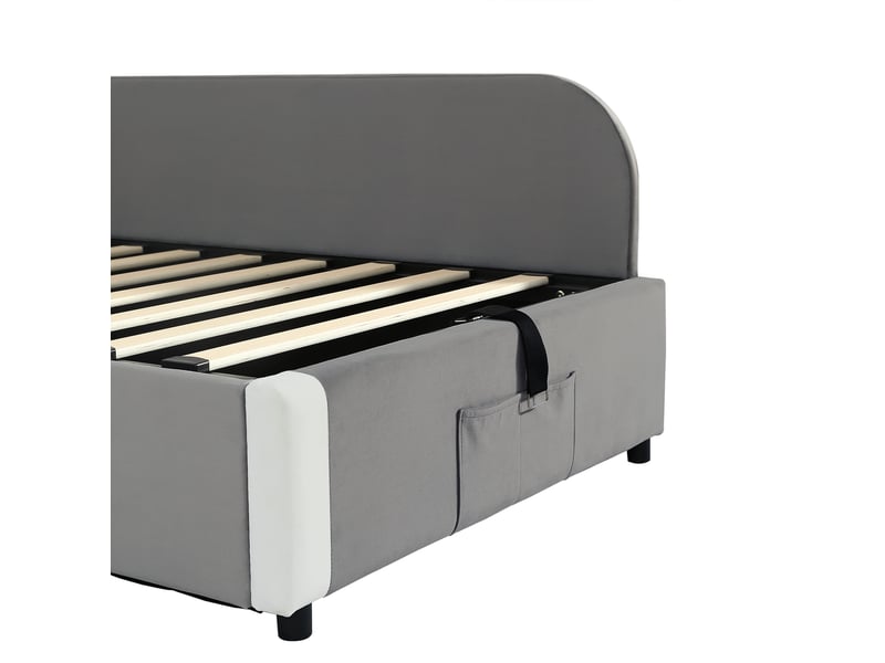  Lit coffre 90x200 cm en velours avec rangement hydraulique, lit enfant rembourré avec bordures sécurisées et poche de rangement - gris  - Conforama D