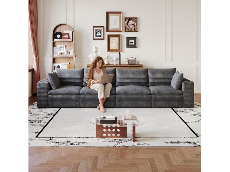  Canapé modulable 4 places 340 cm en velours côtelé gris foncé,avec coussins amovibles, sans montage  - Conforama D