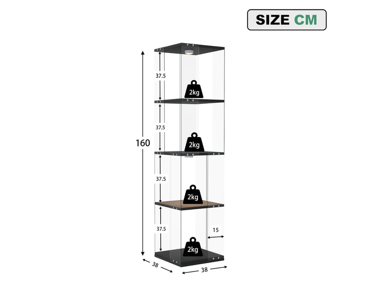  Vitrine verre rotative 360° - 38x38x160cm - bibliothèque pivotante 4 niveaux avec éclairage led multicolore tactile - noir  - Conforama E