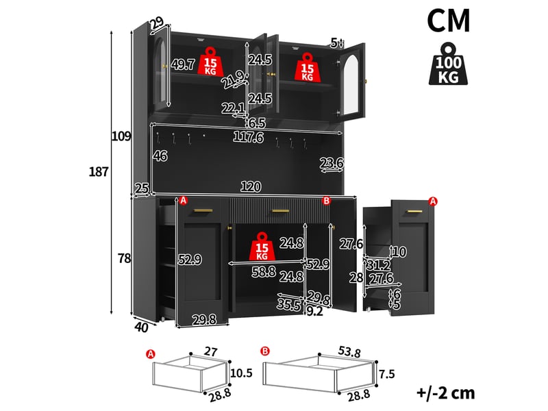  Buffet de cuisine haut 120 x 40 x 187 cm noir, led rgb, 4 vitrines, 3 tiroirs et rangements, coulissants latéraux  - Conforama C