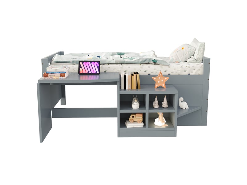  Lit pour enfant 90×200 cm, coloris gris, coffres, table avec prises usb, bois et panneaux synthétiques.  - Conforama A