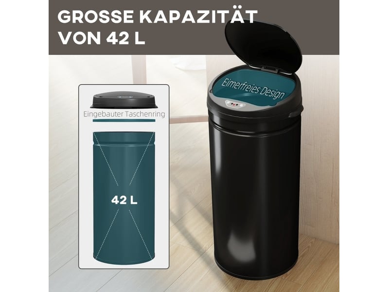  Poubelle à capteur 42 l noire en acier inoxydable avec fermeture douce, pour la cuisine et la buanderie  - Conforama D