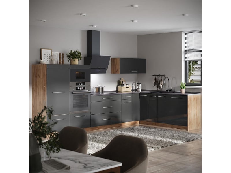 Vicco cuisine en angle, gris foncéchêne de force doré, 347x60cm, pt marbre - Conforama C