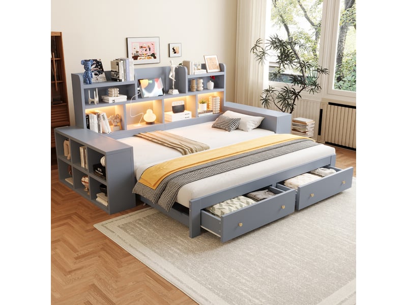 Lit gigogne 1 à 2 places 90×200 cm extensible 180×200 cm, tiroirs - okmyhome- led, prises et rangements, sans matelas, gris - Conforama C