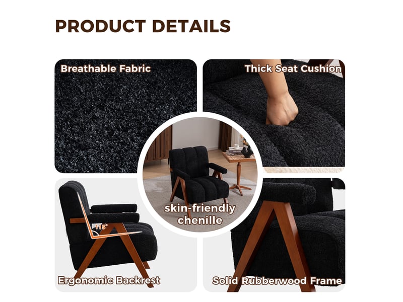  Fauteuil de salon 77x68,4x77 cm, accoudoirs courbés, structure en bois, design moderne, tissu chenille, couleur noir  - Conforama D
