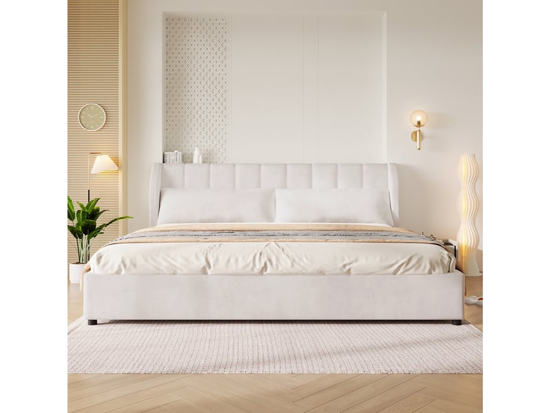 Lit plateforme 180x200 cm beige avec tête de lit rembourrée et sommier à lattes  - Conforama E