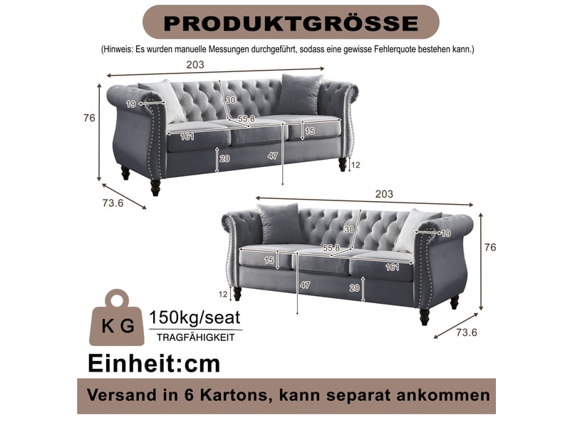  Canapé droit 6 places style chesterfield avec accoudoirs arrondis, capitonnage et clous décoratifs en velours gris  - Conforama C