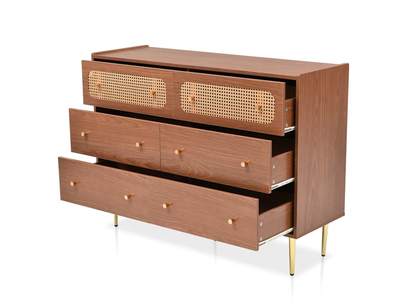  Commode 6 tiroirs en noyer, buffet en rotin style vintage 120x40x90 cm (matelas non inclus)  - Conforama A
