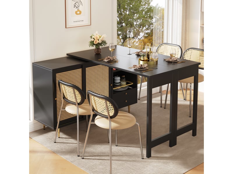 Ilot cuisine, buffet de cuisine avec rangements intégrés, plateau extensible, pivotant à 360°, dimensions 107 x 40 x 71,4 cm, mdf, noir - Conforama B