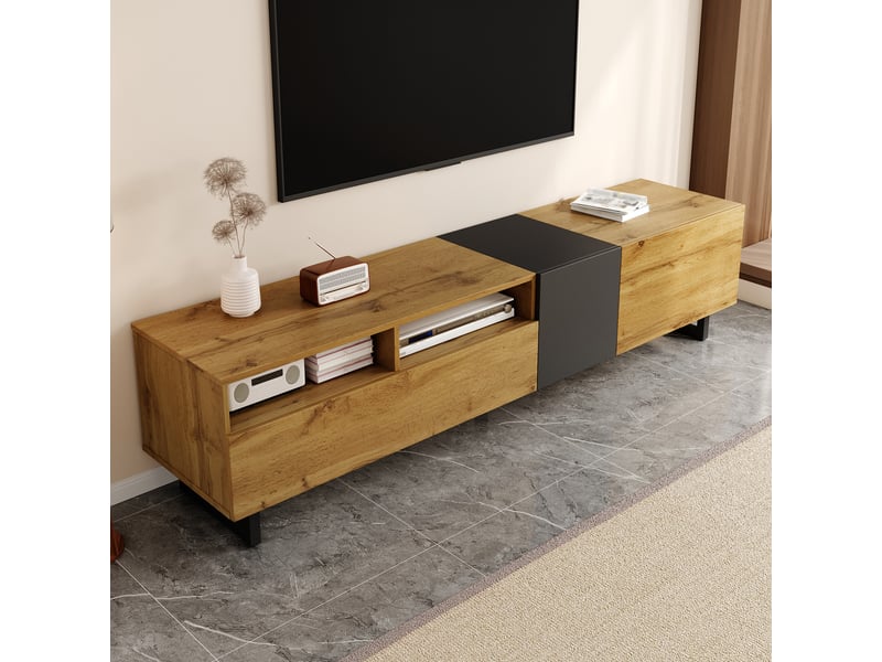  Meuble tv design moderne - 170x36,5x42 cm - trois portes - deux compartiments - pieds en métal en forme de u  - Conforama R