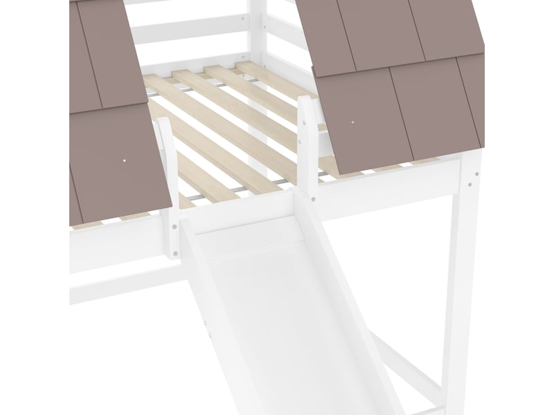  Lit superposé cabane blanc et marron 140x200 cm en bois avec toit, fenêtre, échelle, toboggan et barrières de sécurité  - Conforama D