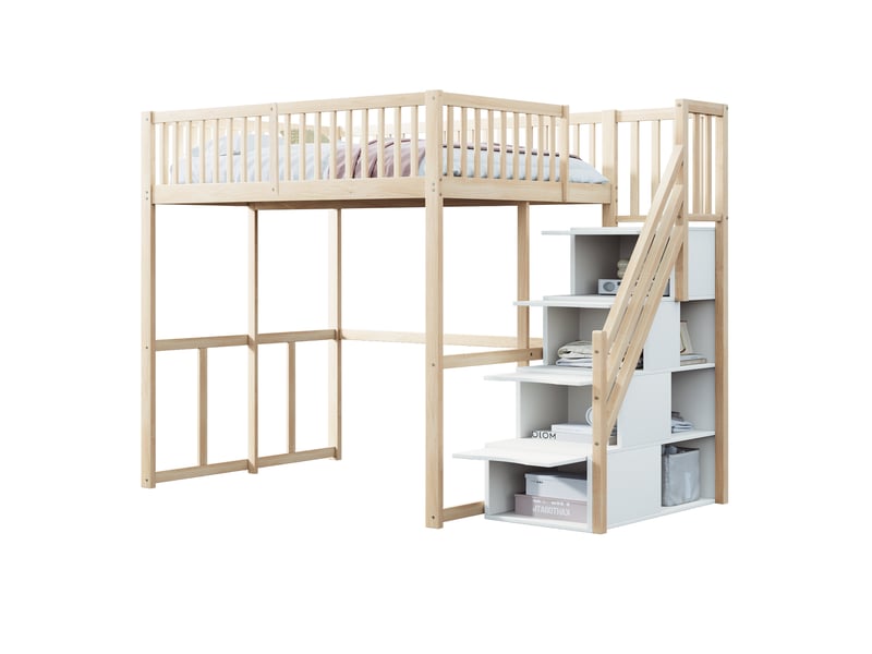  Lit mezzanine 140x200 cm avec escalier de rangement, barrières de sécurité, bois  - Conforama A