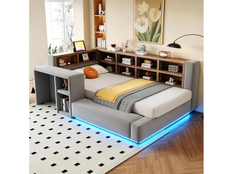 Lit à structure moderne 90 x 200 cm avec taie de protection, espaces de rangement multi-niveaux, éclairage led, prises intégrées tête de lit, tablette de chevet, dossier rembourré, gris foncé - Conforama D