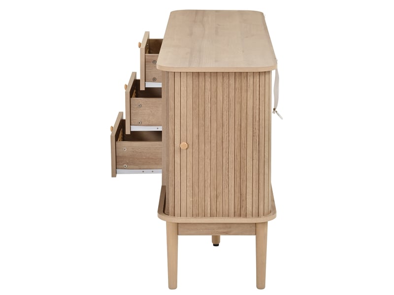 Buffet 141 x 40 x 77 cm avec portes coulissantes et étagères réglables, 3 tiroirs en rotin, mdf et bois, coloris naturel - Conforama D