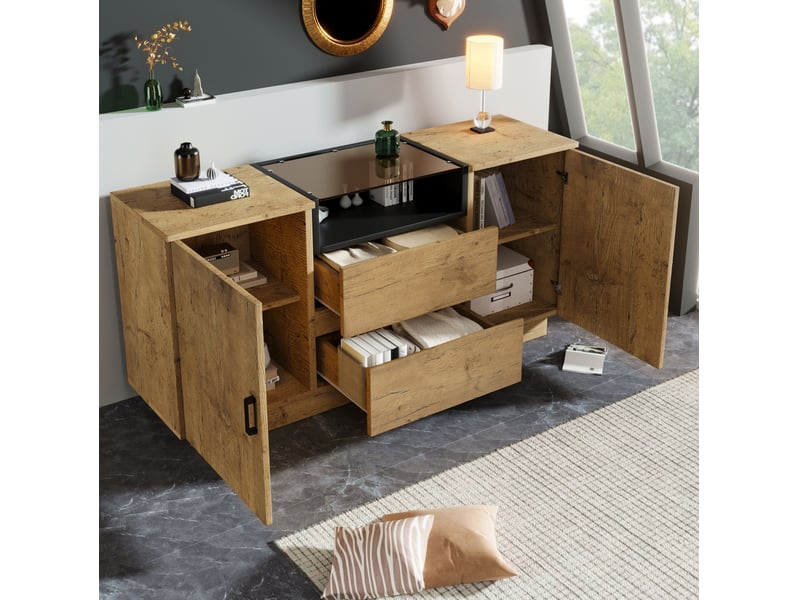 Buffet bas chêne clair avec 2 tiroirs, 2 placards et niche ouverte – 140 x 40 x 70 cm - Conforama C