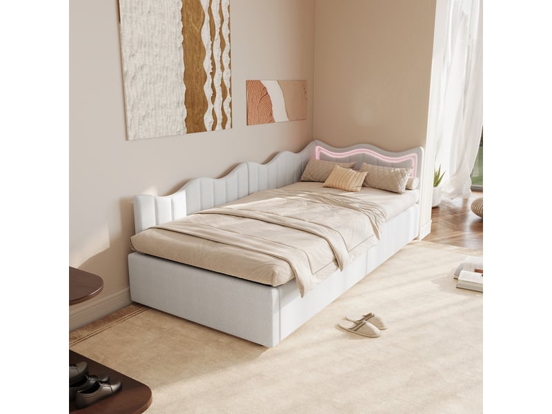  Lit coffre 90x200cm - lit enfant 90x200 - lit simple rembourré tissu bouclette avec éclairage led rgb, dossier vague - blanc  - Conforama B