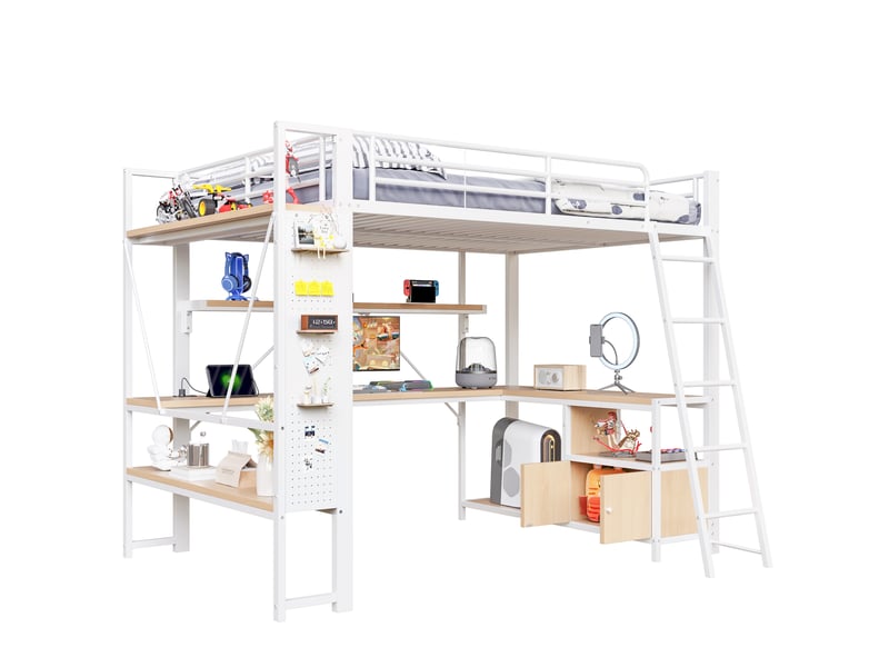  Lit mezzanine 140 x 200 cm, structure métal, led, bureau, étagères, panneau perforé, usb, sans matelas, blanc  - Conforama A
