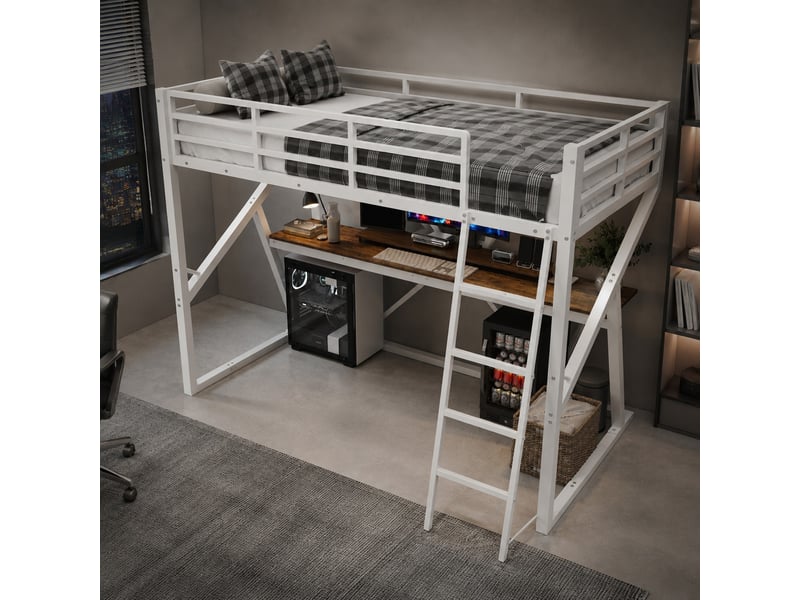 Lit mezzanine enfant 90 x 200 cm blanc avec bureau, échelle, garde-corps et led - Conforama B