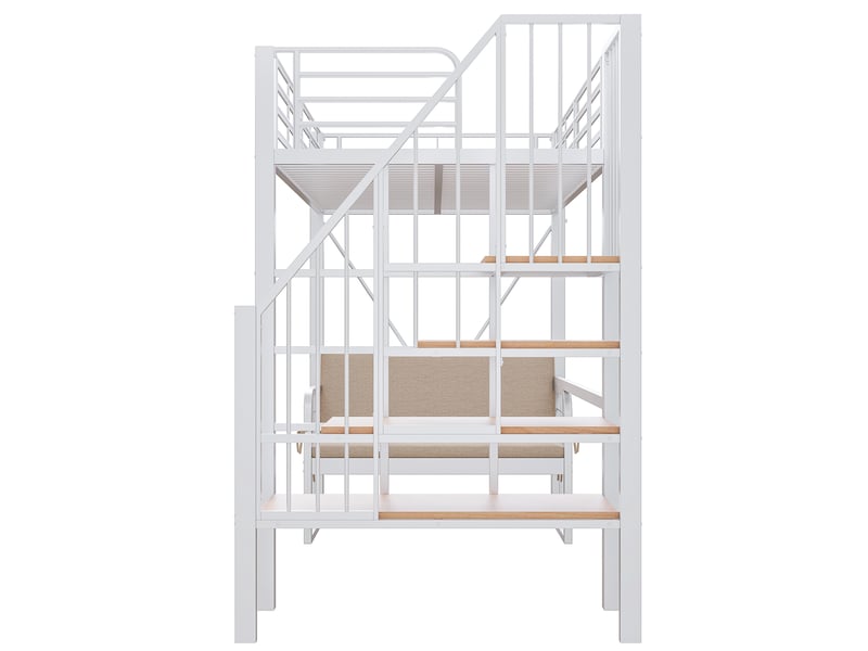 Lit superposé 90x200, lit mezzanine avec canapé déhoussable et escalier de rangement, cadre en métal blanc pour enfants et adultes - Conforama E