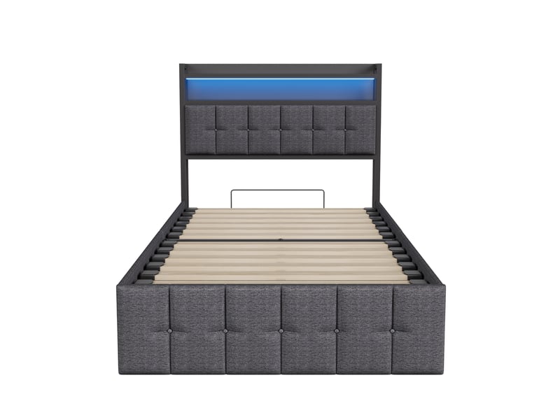 Lit coffre 90x200 avec led et usb, lit simple avec espace de rangement hydraulique cadre de lit rembourré avec tete de lit lits 1 place pour adolescent et chambre d'amis gris lin, sans matelas - Conforama W