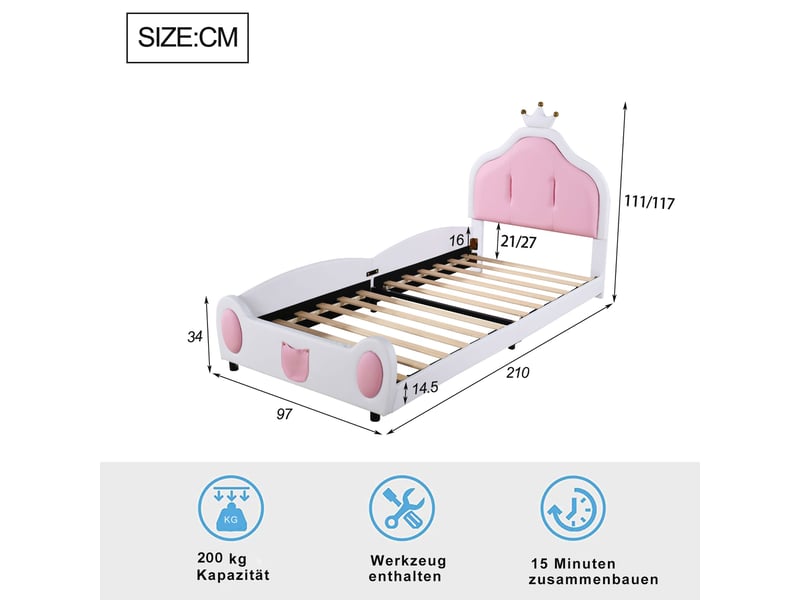  Lit enfant rembourré 90 x 200 cm avec tête de lit couronne, design bicolore, similicuir blanc Fay Lum - Conforama C