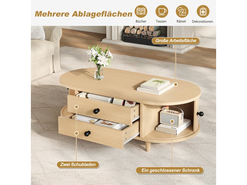  Table basse fixe avec tiroirs, bois clair, 100 x 50 x 36 cm, 2 tiroirs, portes coulissantes et pieds en bois massif  - Conforama B