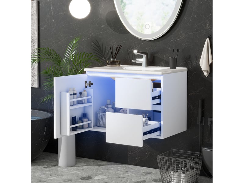 Meuble salle de bain suspendu 76x46x50 cm, meuble vasque avec lavabo céramique, 2 tiroirs, led, rangement, mdf blanc - Conforama B