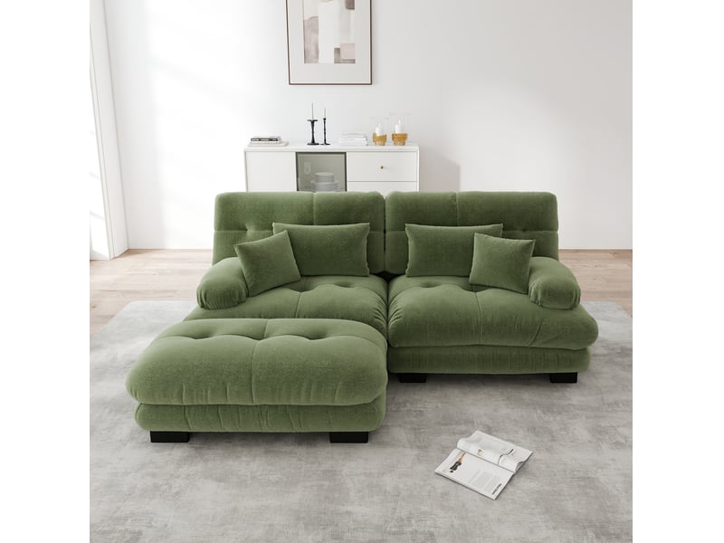 Canapé d'angle modulable ulevr 2 places avec ottoman mobile, chenille vintage verte, 220 x 145 x 81 cm, 2 coussins lombaires et 2 décoratifs - Conforama D