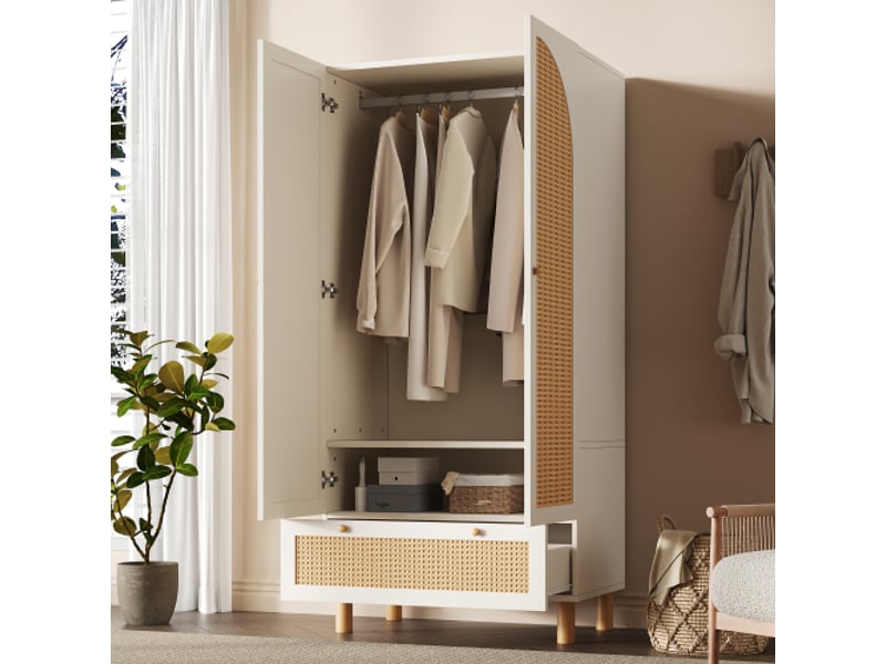  Garde-robe rotin blanc 2 portes, grand tiroir, étagères réglables, tringle, anti-basculement, 180×85×52 cm  - Conforama E
