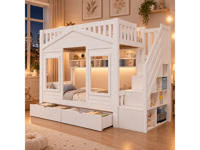  Lit mezzanine enfant 90x200 cm en bois massif blanc avec escalier rangement, fenêtres, garde-corps de sécurité et design lit ado Morn Vibe - Conforama B