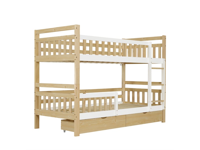  Lit superposé enfant 90x200 cm modulable en 2 lits avec tiroirs, blanc et naturel, sans matelas  - Conforama E