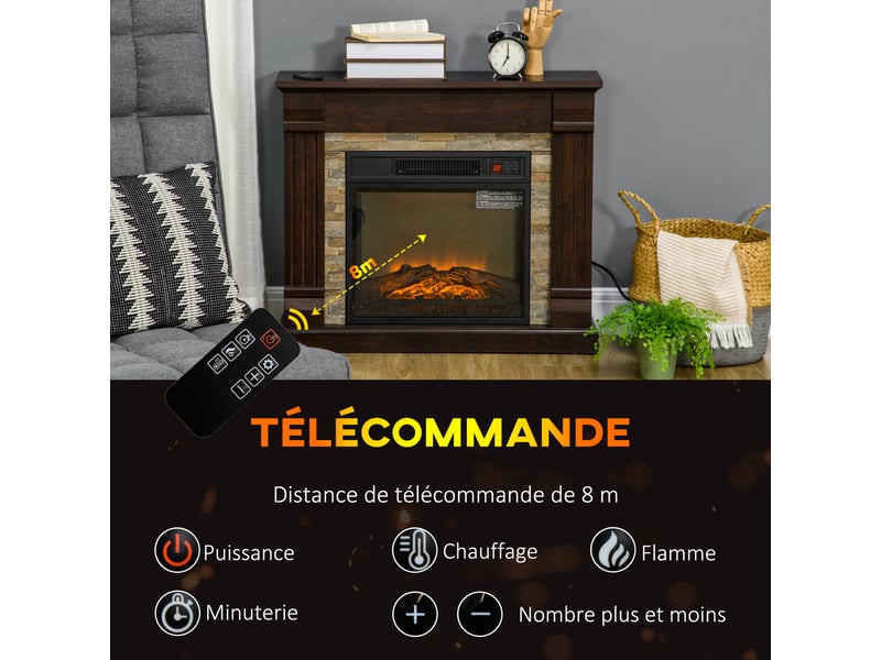  Cheminée électrique, cheminée décorative 1800w effet flamme, luminosité et température réglables, 80x21,6x67,8cm, marron  - Conforama R
