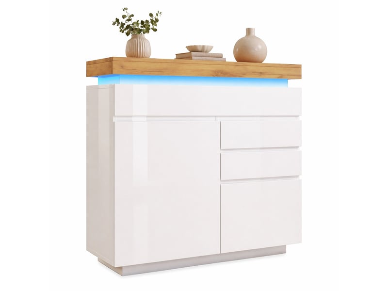  Buffet haut blanc brillant 2 portes, 3 tiroirs et éclairage led, 110 x 39 x 115 cm  - Conforama A