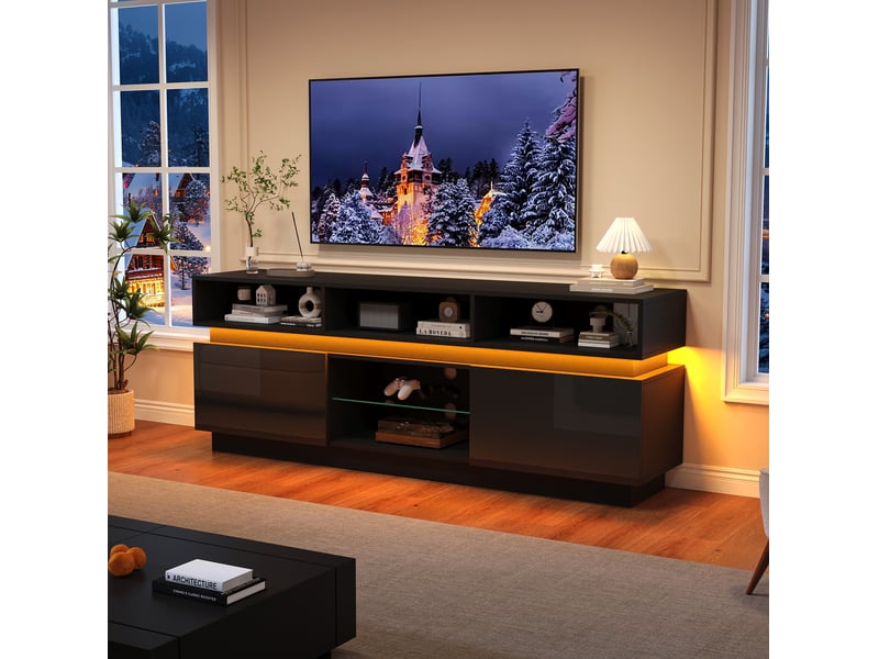 Meuble tv bas modenvie avec led 160 x 35 x 60 cm mdf et verre noir - Conforama B