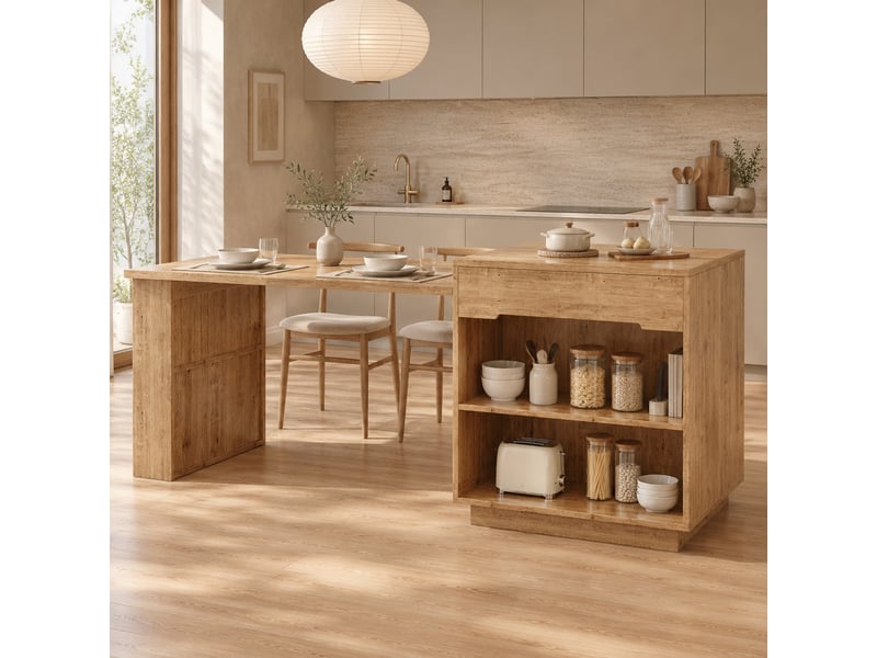  Îlot de cuisine avec table extensible et éclairage led, aspect chêne  - Conforama D