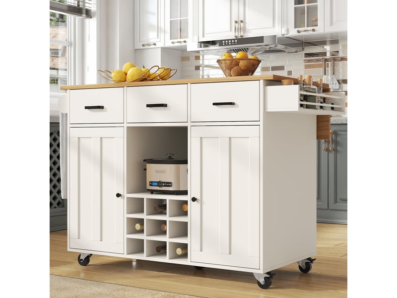  Buffet cuisine mobile blanc démontable - plateau bois, rangement modulable et porte-serviettes  - Conforama B