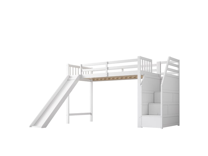  Lit mezzanine enfant 200×90 cm avec toboggan et escalier de rangement, sans matelas, en pin et mdf blanc  - Conforama E