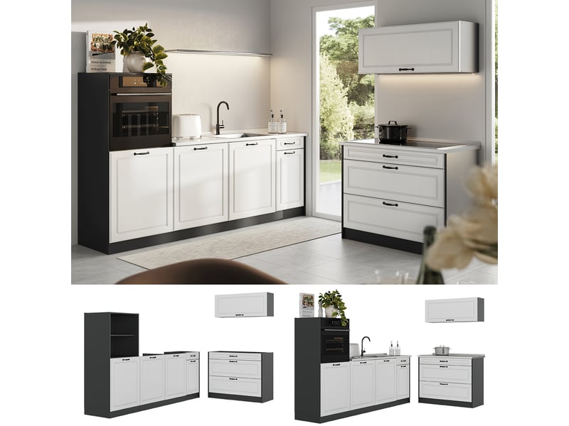  Vicco cuisine, blanc campagneanthracite, 220cm plan de travail chêne doré  - Conforama D
