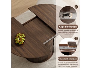 Table extensible 6 places en bois avec rangement intégré, plateau rabattable et pied design, noyer foncé
