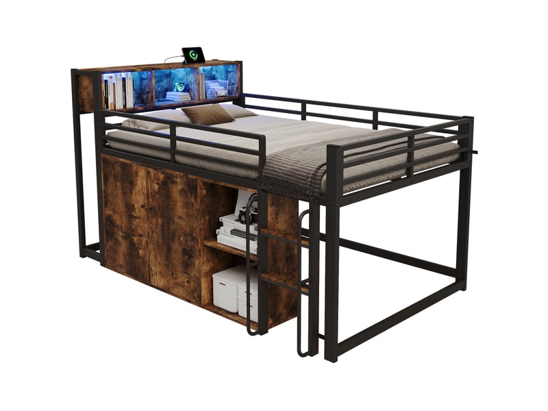  Lit mezzanine adulte 120x200 cm noir décor bois, rangement avec led et prise eu, structure métal mdf  - Conforama A