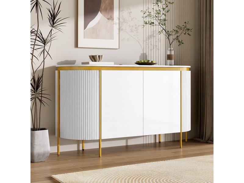 Buffet de rangement 140x38x80 cm, 4 portes sans poignées, façades rainurées, passe-câbles, pieds métal pour salon - blanc - Conforama D