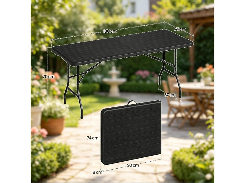  Klappbarer alkon tisch 180x74 cm hdpe holz-look outdoor esstisch buffet gartentisch tragbar balkon camping 8 pers.  - Conforama D